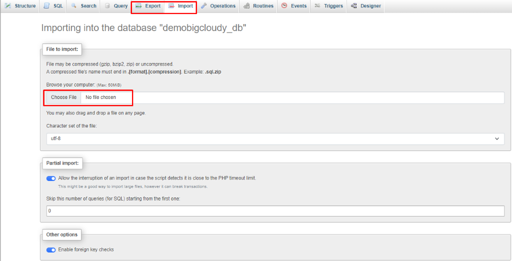 Manage Database in phpMyAdmin | BigCloudy KB