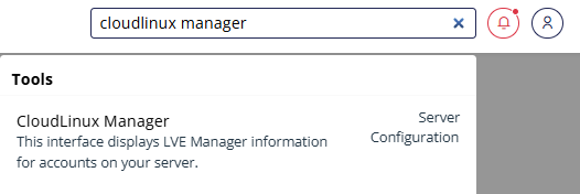 WHM search bar showing CloudLinux Manager tool under Server Configuration


