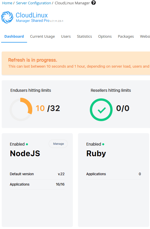 CloudLinux Manager dashboard showing Node.js and Ruby selector status with user limits

