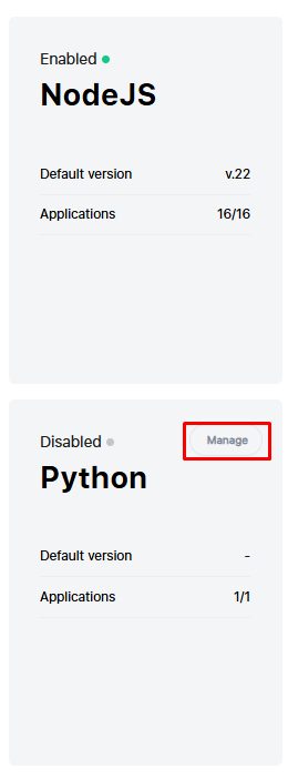 Node.js selector enabled and Python selector disabled with Manage button highlighted in WHM

