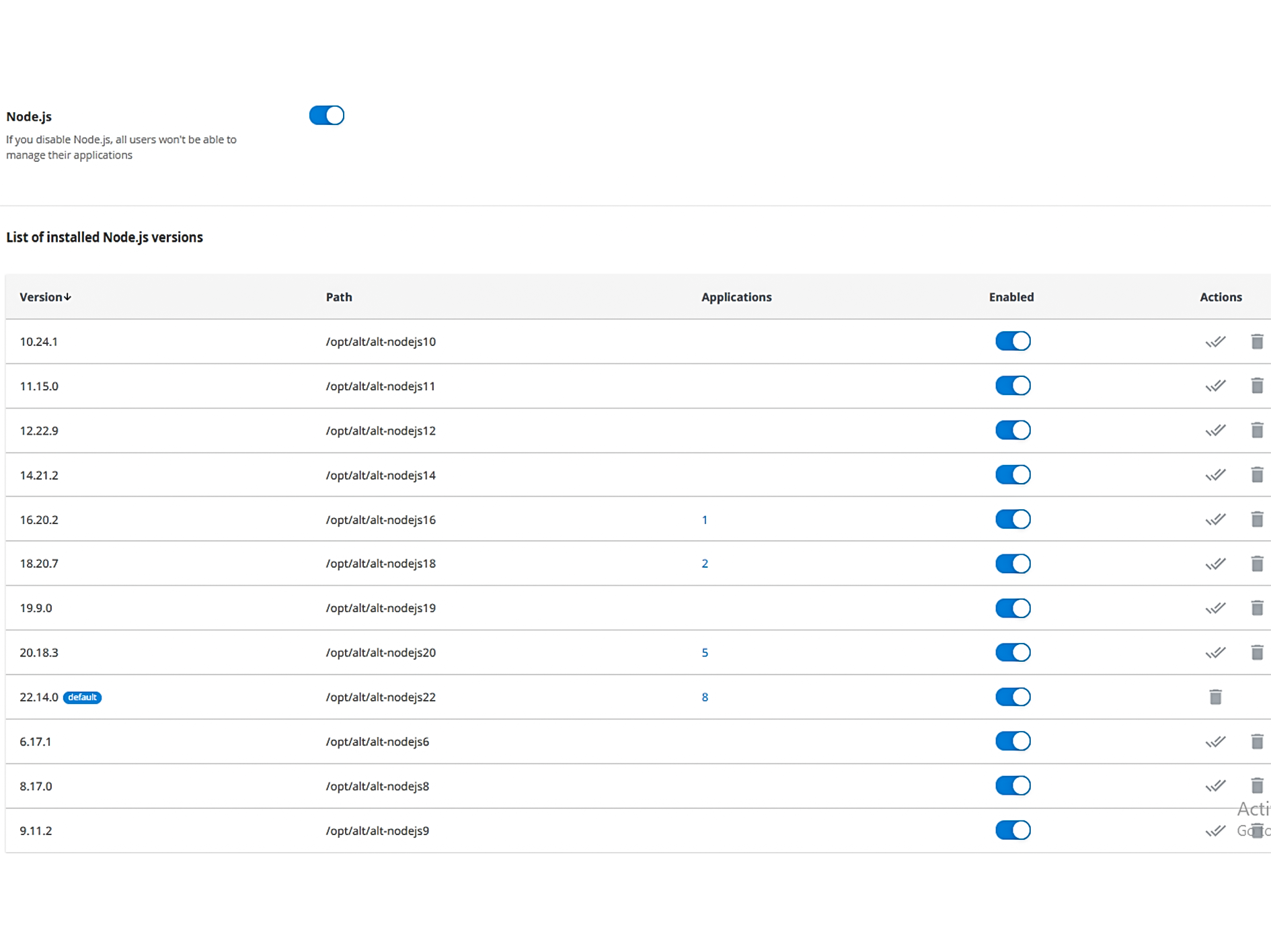 List of available Node.js versions displayed in cPanel during the Node.js application setup process