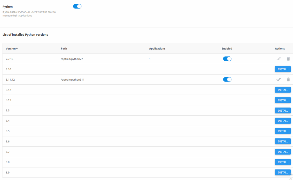 CloudLinux Python Selector panel listing available Python versions and toggle switches to enable them

