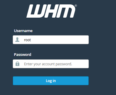 WHM root login screen with username and password fields

